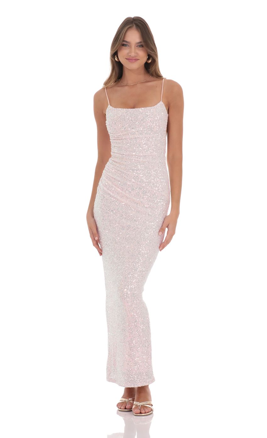 Glamorous Sheath Spaghetti-Strap Sequin-Accent Open-Back Blush Floor-Length Prom Dresses