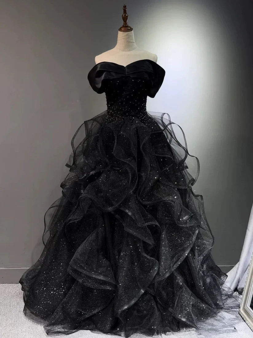 Glamorous Ball Gown Strapless Ruffles Black Floor Length Prom Dress