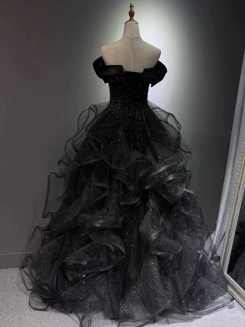 Glamorous Ball Gown Strapless Ruffles Black Floor Length Prom Dress