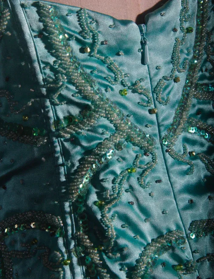 Glamorous Mermaid Spaghetti Beaded Ruched Turquoise Floor Prom Dress For Ladies