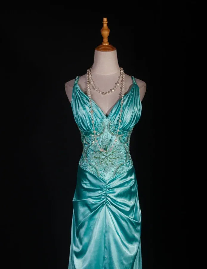 Glamorous Mermaid Spaghetti Beaded Ruched Turquoise Floor Prom Dress For Ladies