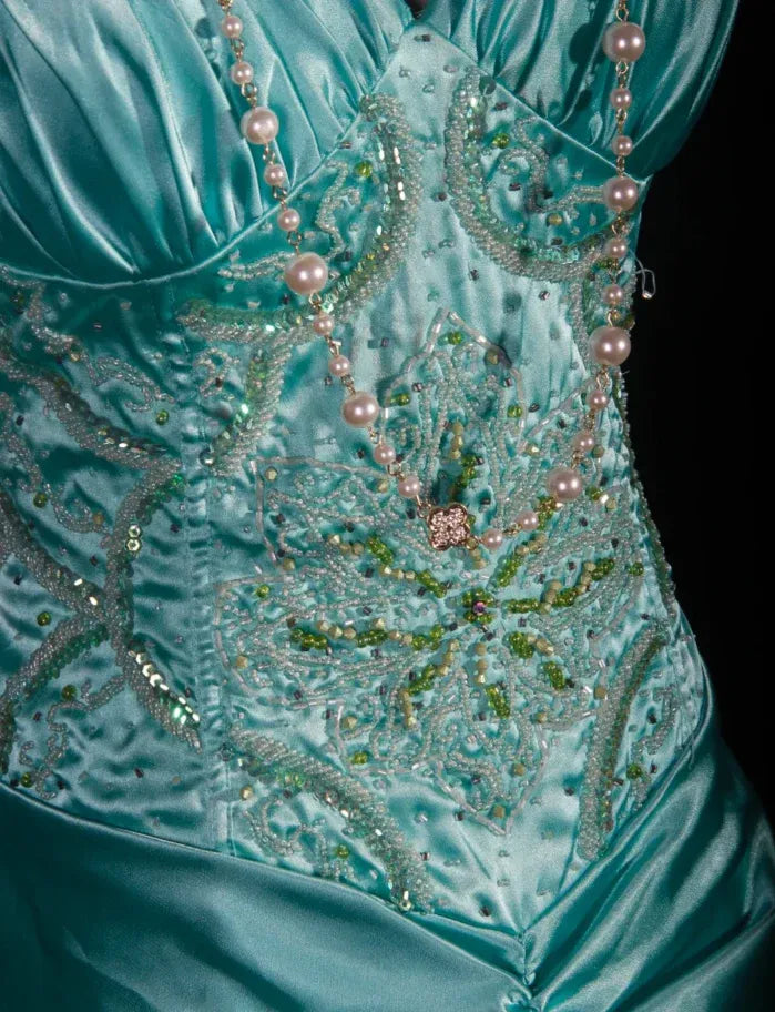 Glamorous Mermaid Spaghetti Beaded Ruched Turquoise Floor Prom Dress For Ladies