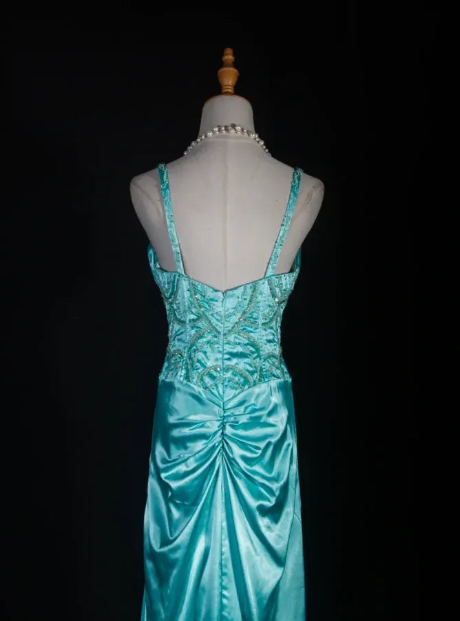Glamorous Mermaid Spaghetti Beaded Ruched Turquoise Floor Prom Dress For Ladies