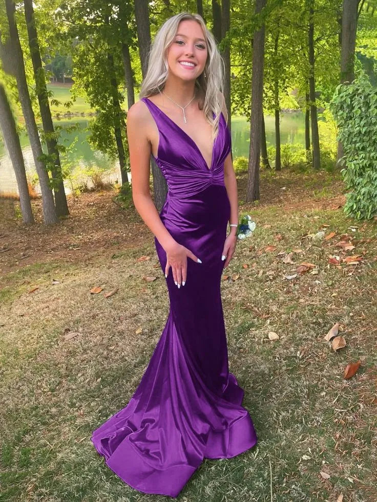 Glamorous Mermaid V-neck Ruched Purple Train Prom Dress For Sale