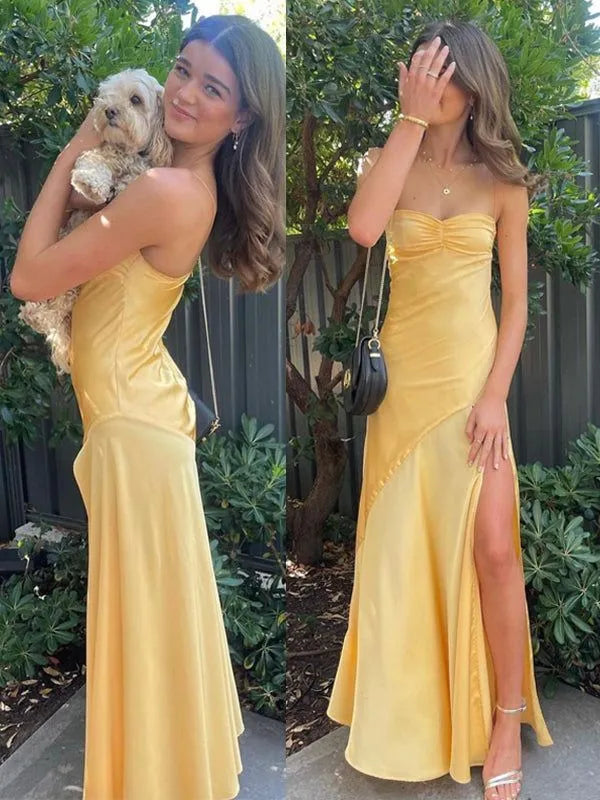 Luxe Satin Maxi Evening Dress Mustard Sweetheart Convertible-Strap Formal Women