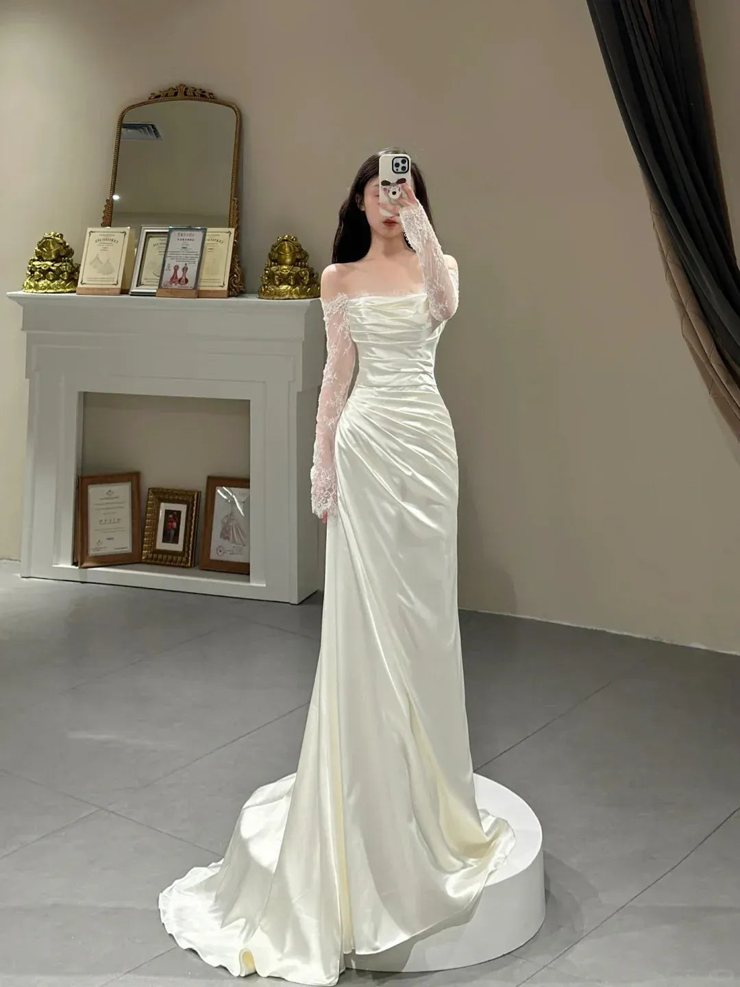 Luxe Satin Train Evening Dress Ivory Off-Shoulder Lace-Sleeve for Women