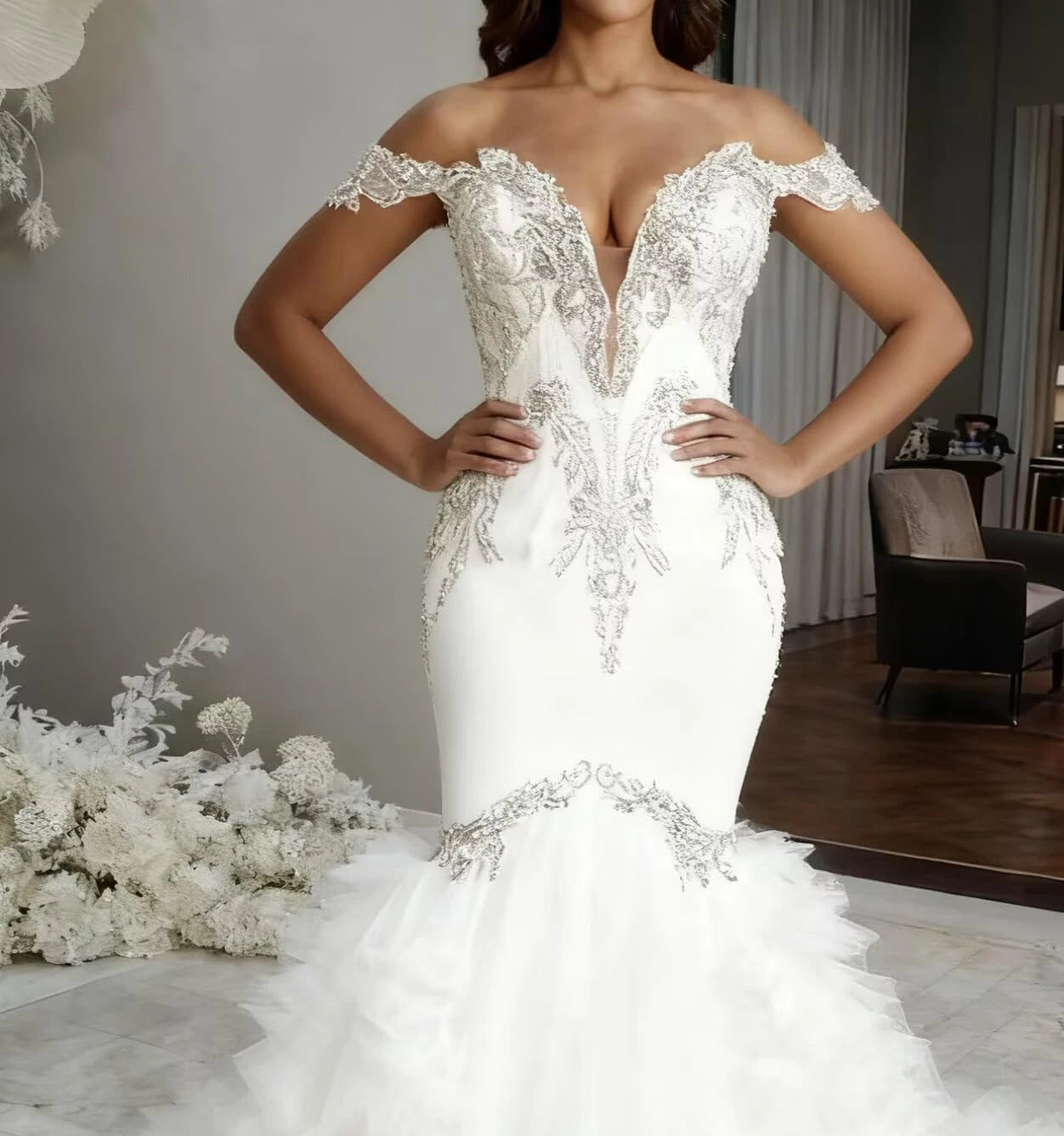 Luxurious Mermaid Sweetheart Neck Off-Shoulder Embellished Ruffled Train Wedding Dress