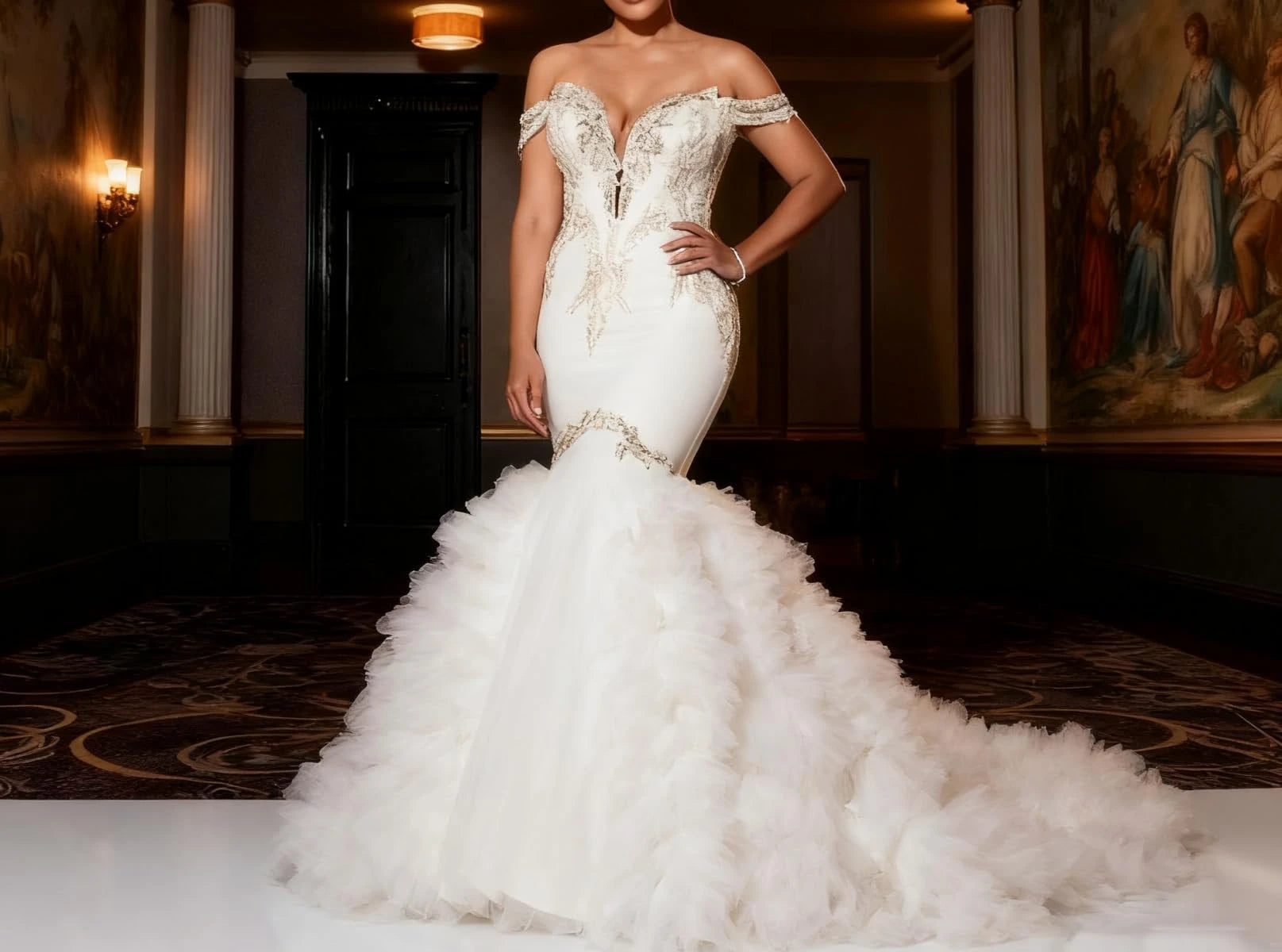 Luxurious Mermaid Sweetheart Neck Off-Shoulder Embellished Ruffled Train Wedding Dress
