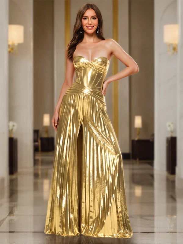 Opulent Jumpsuit Strapless Sleeveless-Open-Back Gold Metallic Pleated Floor-Length Prom Dresses