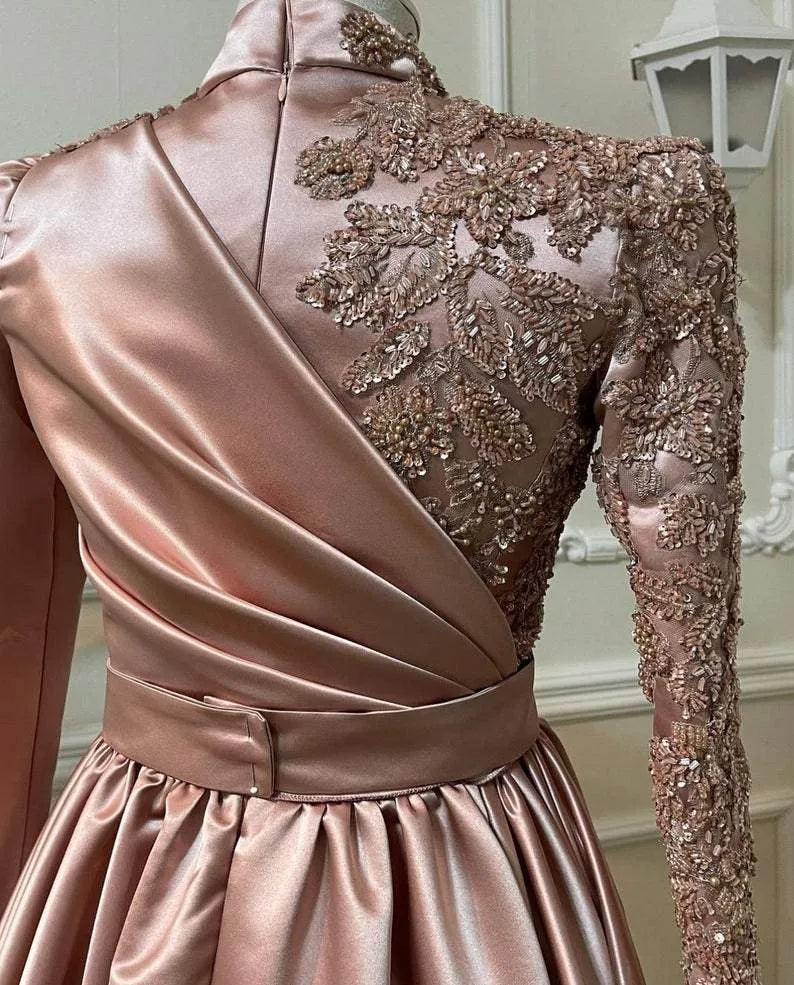 Opulent Satin-Beaded Long Evening Dress Rose Gold High Neck Long Sleeve for Women