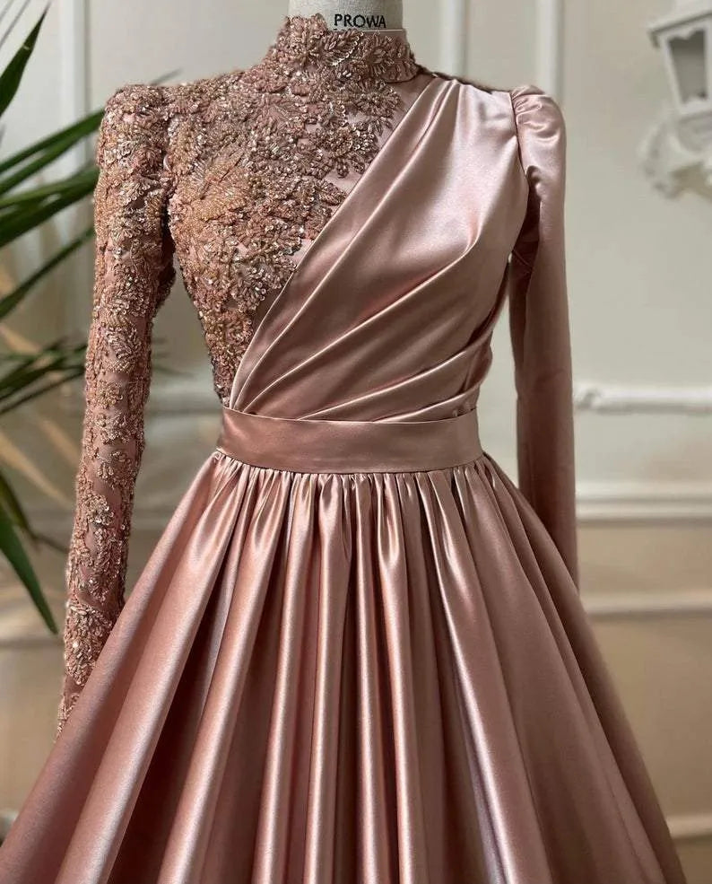 Opulent Satin-Beaded Long Evening Dress Rose Gold High Neck Long Sleeve for Women