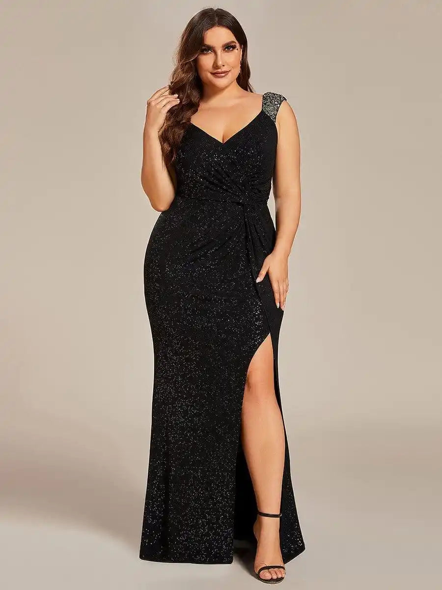 Plus Size Glitter V-Neck High Slit Sequin Shoulder Strap Evening Dress Mother Of The Bride Dresses