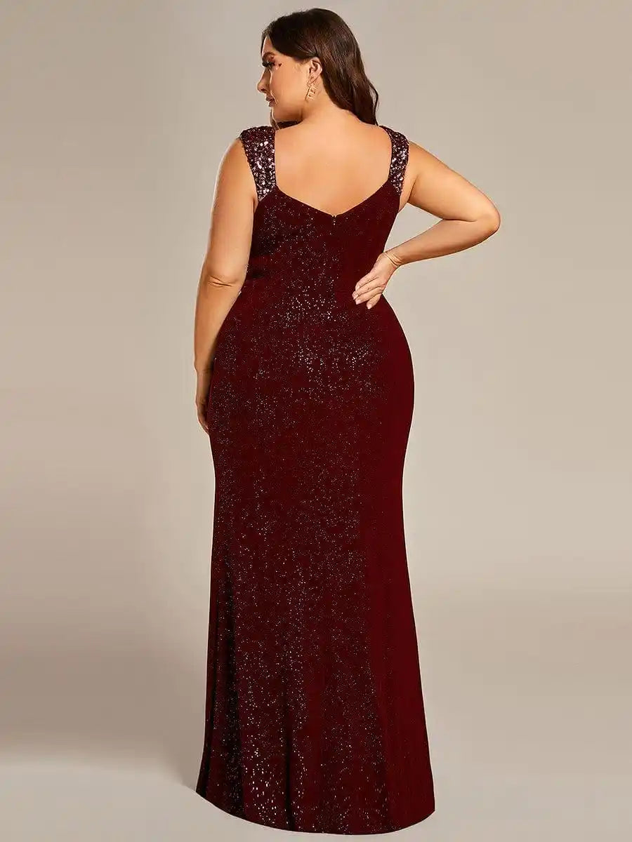 Plus Size Glitter V-Neck High Slit Sequin Shoulder Strap Evening Dress Mother Of The Bride Dresses