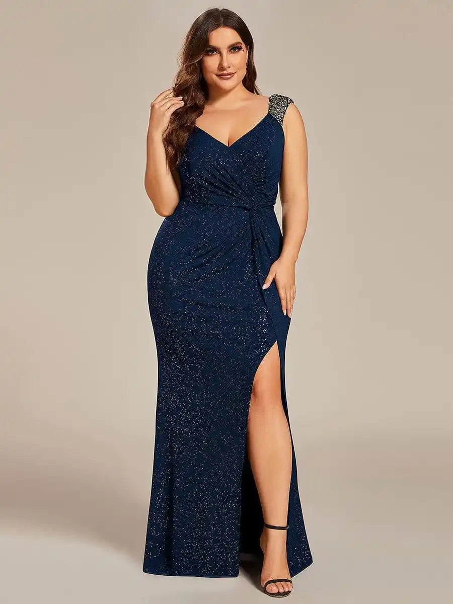 Plus Size Glitter V-Neck High Slit Sequin Shoulder Strap Evening Dress Mother Of The Bride Dresses
