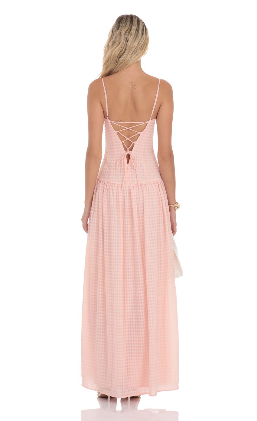 Romantic A-Line Spaghetti-Strap Gingham-Print Crisscross-Tie-Back Blush Floor-Length Prom Dresses