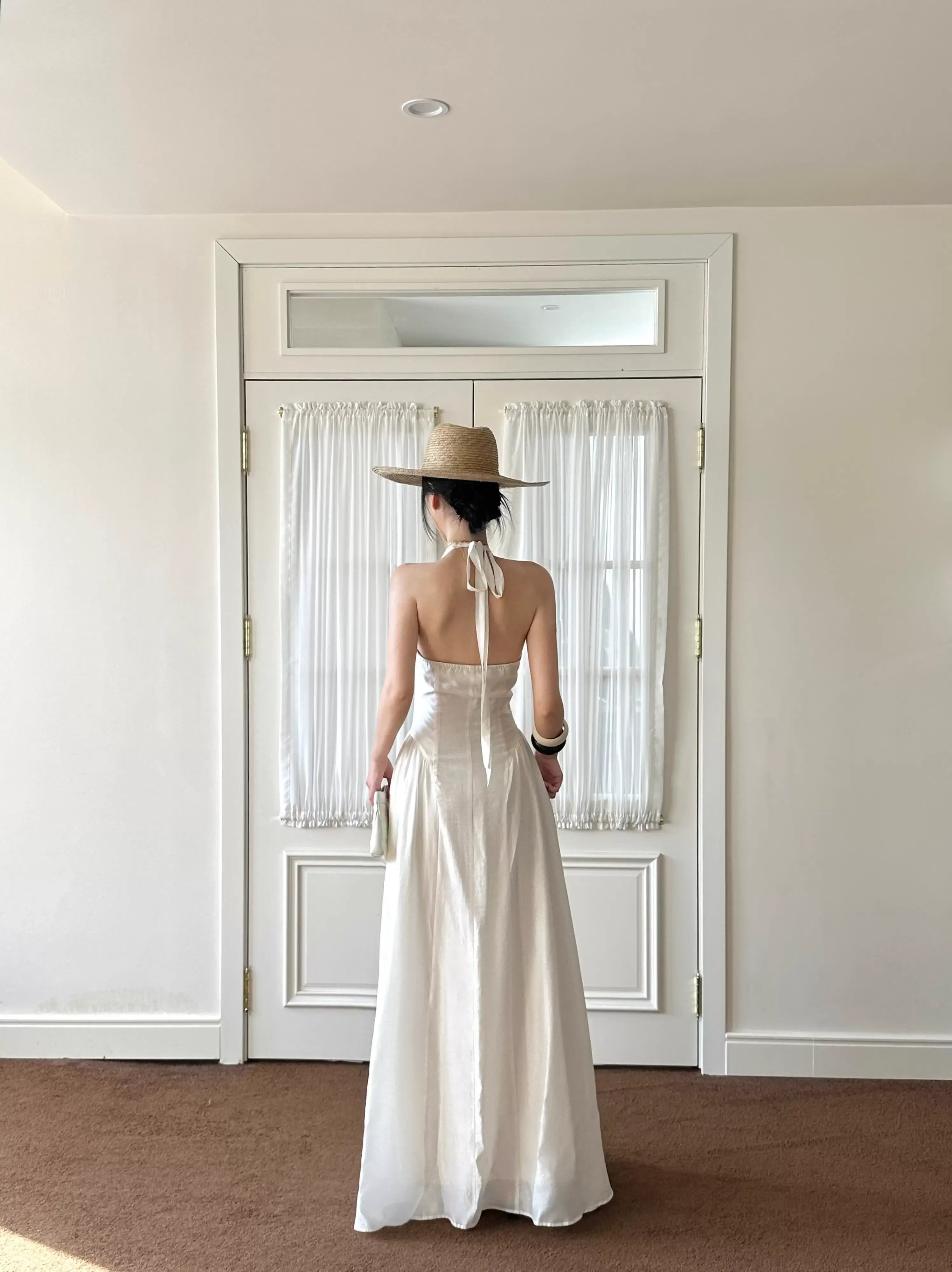 Romantic A-Line Halter V-Neck Sleeveless Satin White Maxi Prom Dress for Women ready to ship