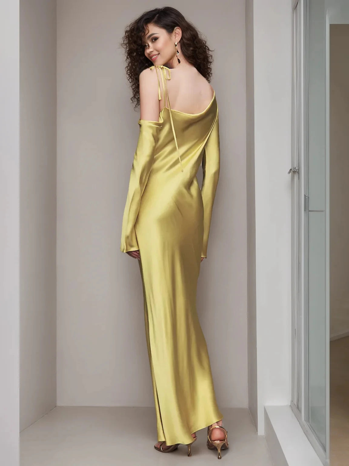 Sheath Column One-shoulder Ankle Length Long Sleeves Wedding Guest Dress