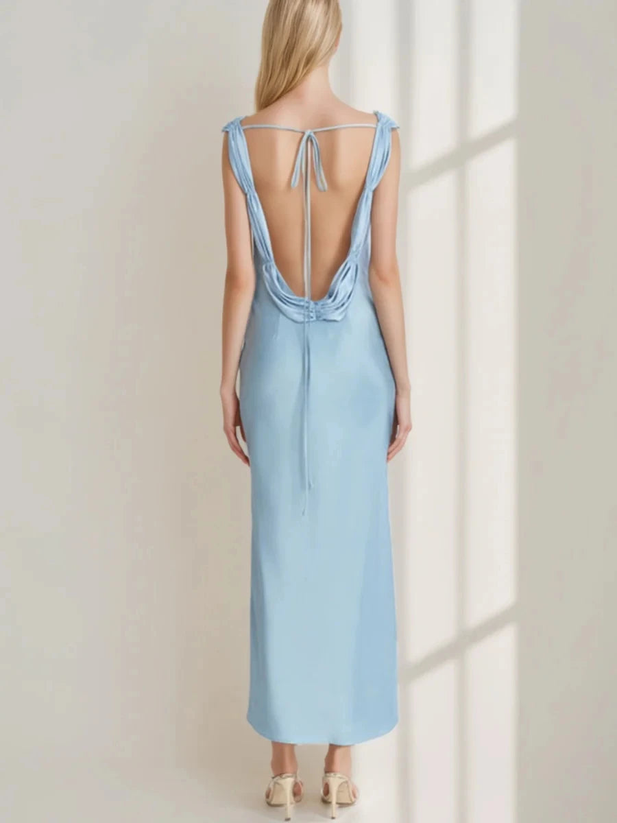 Sheath Column Scoop Ruched Ankle-Length Vintage Prom Dresses with Lace-Up & Opened Back