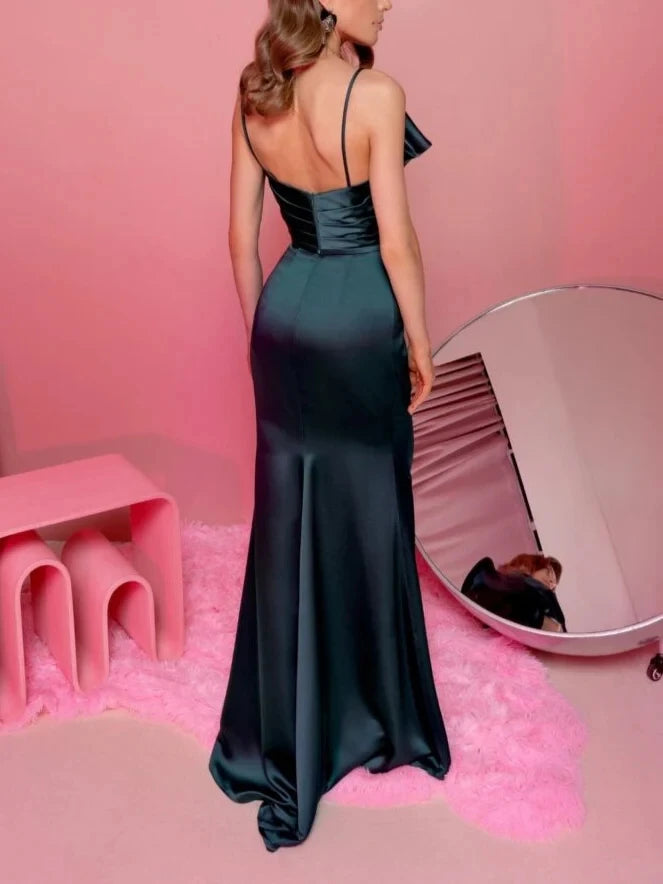 Sheath Column Spaghetti Straps Sleeveless Floor-Length Evening Dress with Ruffles