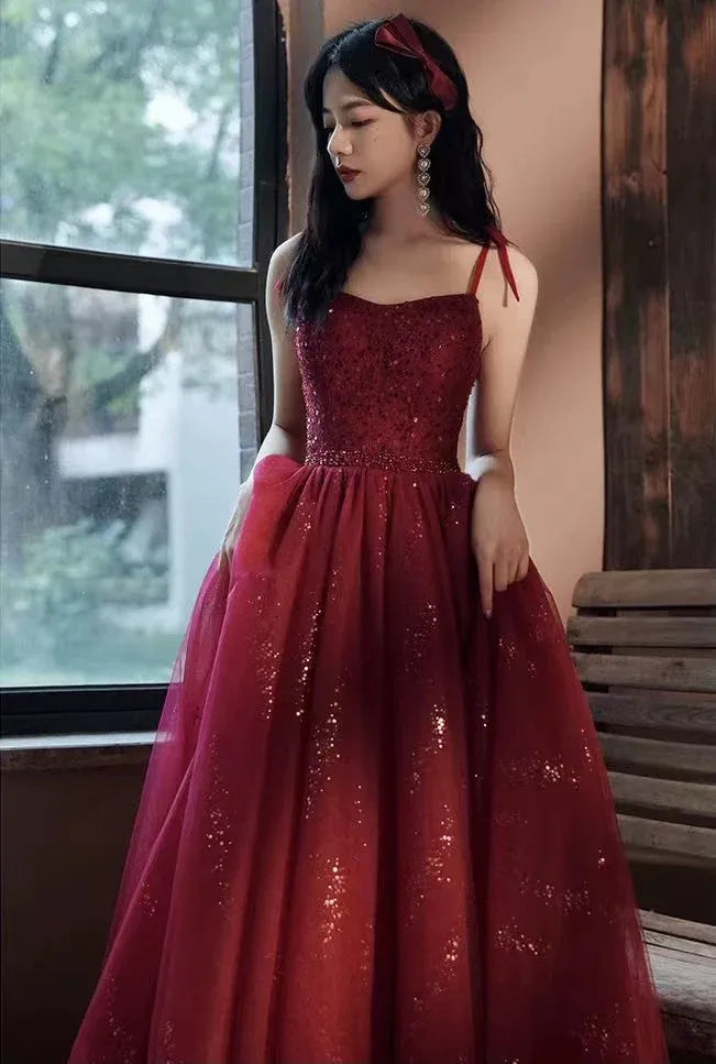 Sparkling Ball Gown Spaghetti Sequin Burgundy Floor Prom Dress For Sale
