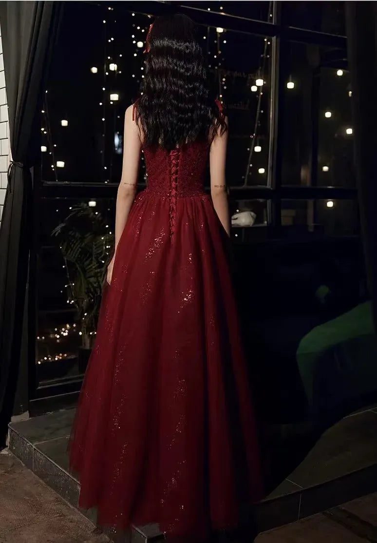 Sparkling Ball Gown Spaghetti Sequin Burgundy Floor Prom Dress For Sale