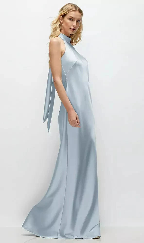 Stand Collar Bias Satin Maxi Dress with Self-Tie Bow Back in Mist
