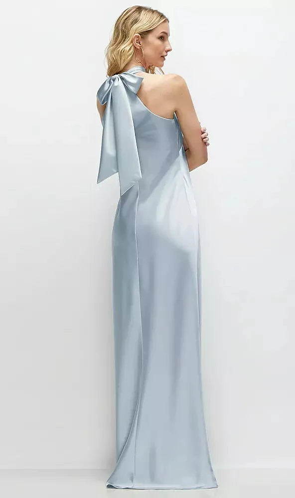 Stand Collar Bias Satin Maxi Dress with Self-Tie Bow Back in Mist