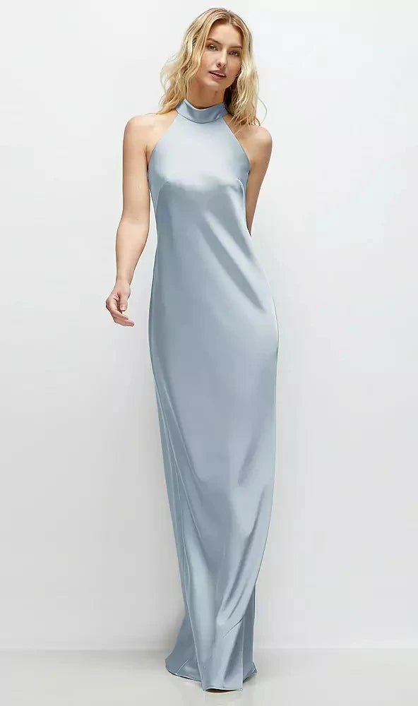 Stand Collar Bias Satin Maxi Dress with Self-Tie Bow Back in Mist