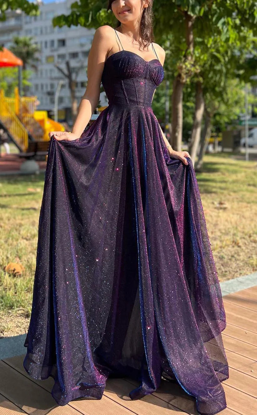 Starry Glitter Spaghetti-strap Sweetheart Open-back Floor-length Purple Prom Gown