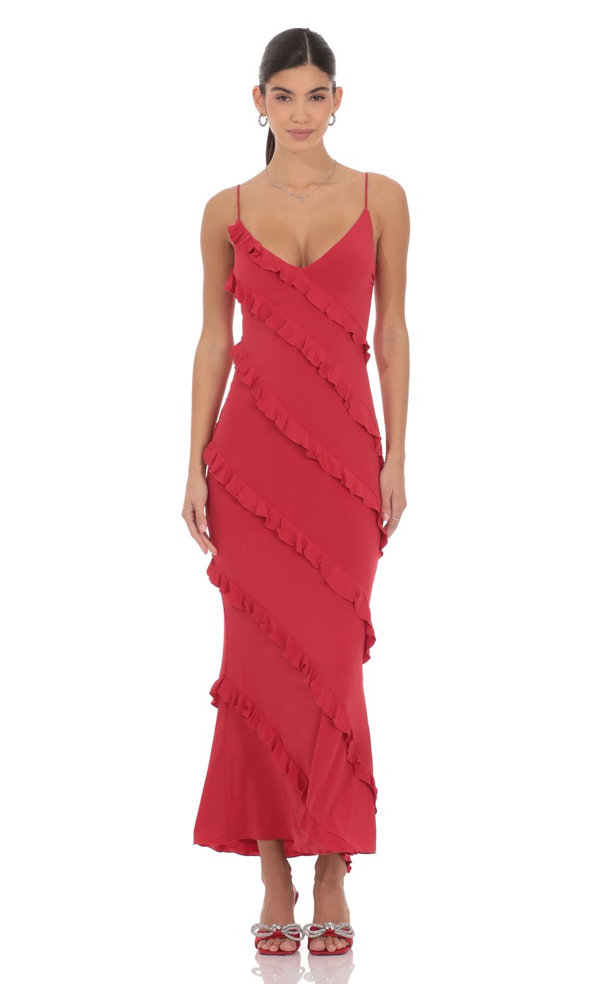 Vibrant Mermaid Spaghetti-Strap Ruffle-Accent Crimson Chiffon Midi-Length Prom Dresses
