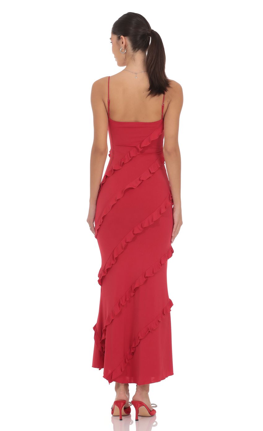 Vibrant Mermaid Spaghetti-Strap Ruffle-Accent Crimson Chiffon Midi-Length Prom Dresses