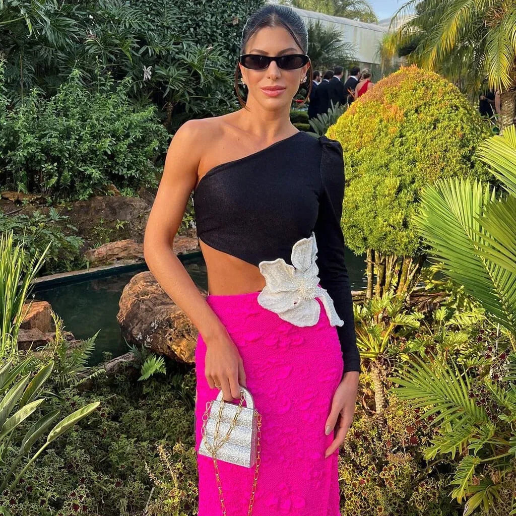 Vibrant Column One-Shoulder Cutout Flower-Accented Black & Hot Pink Maxi Prom Dress for Women ready to ship