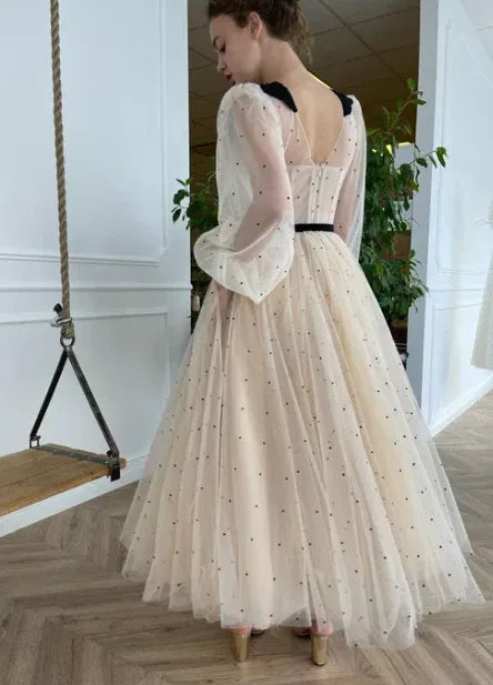 Vintage Polka-Dot Tulle Long Evening Dress Beige Peter Pan Collar Puff Sleeve for Women