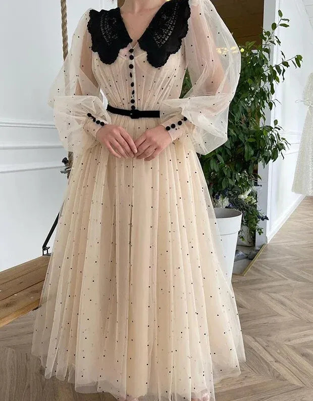 Vintage Polka-Dot Tulle Long Evening Dress Beige Peter Pan Collar Puff Sleeve for Women