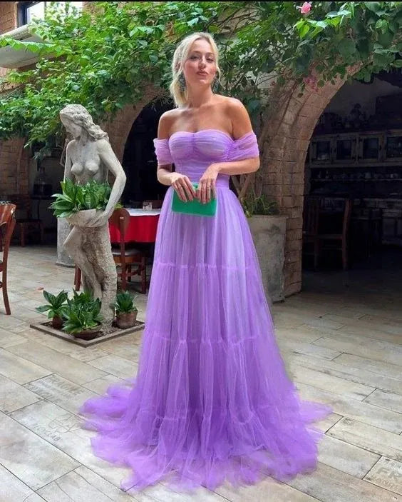 Whimsical Ball Gown Off-shoulder Tiered Lavender Floor Prom Dress Custom