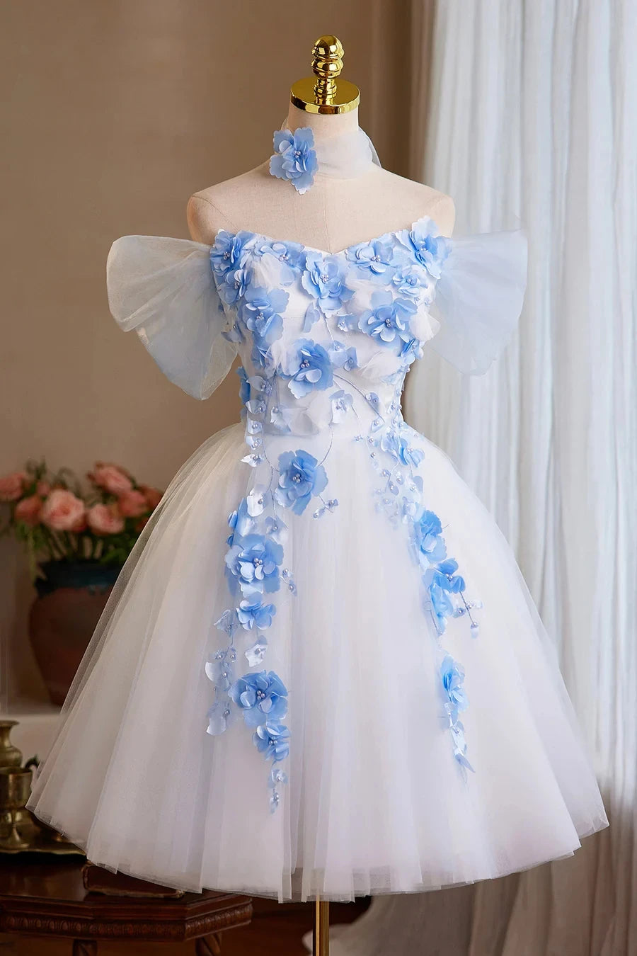 White Tulle and Blue Flowers Short Party Dress Off the Shoulder A-Line Homecoming Dress